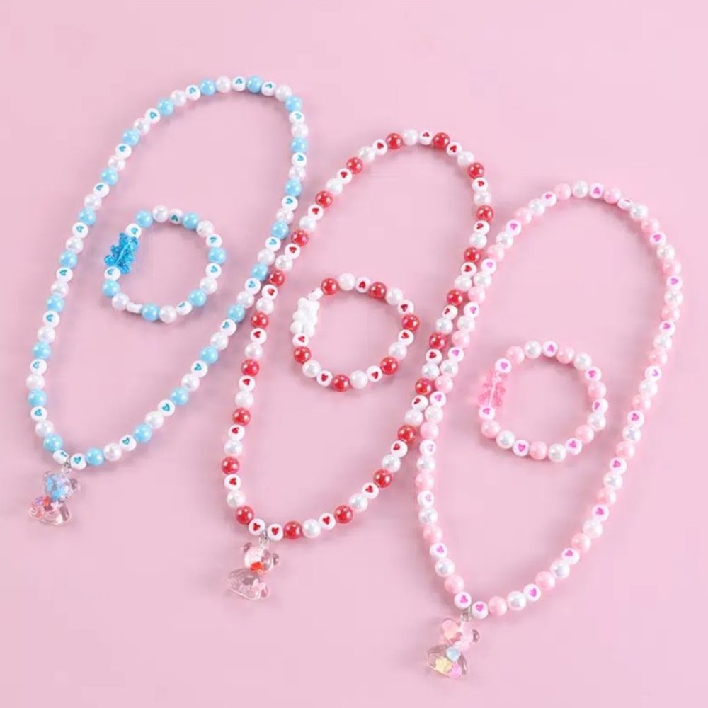 Children's Colorful Heart Beads Pendant Necklace and Bracelet Set with Teddy Bea